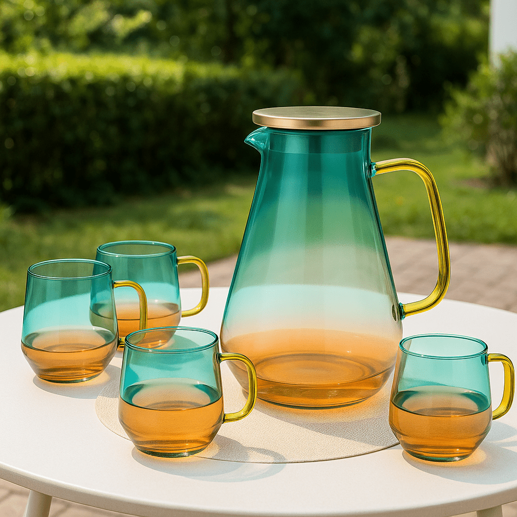 Add Luxury to Every Pour – Luxe Gradient Amber Glass Tea Set with Gold Accented Handle – 5 - Piece – Drinking Glass Set in South Africa from Aegis Homewares