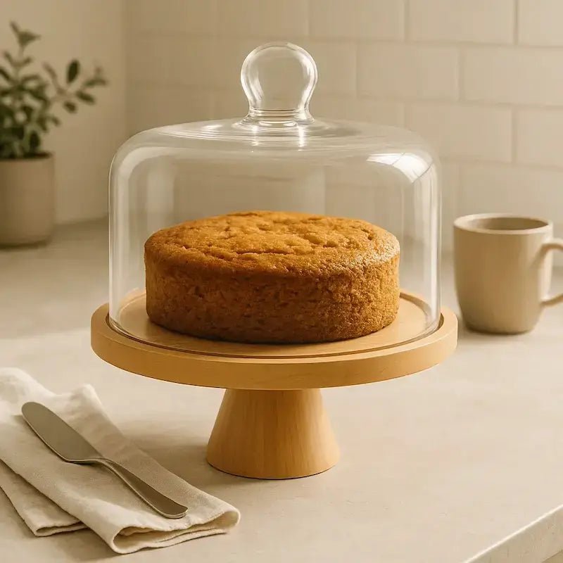 Elevated Bamboo Cake Stand with Glass Dome – 28cm Aegis Homeware