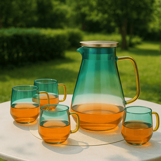 Add Luxury to Every Pour – Luxe Gradient Amber Glass Tea Set with Gold Accented Handle – 5 - Piece – Drinking Glass Set in South Africa from Aegis Homewares