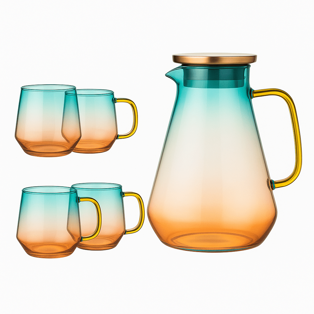 Add Luxury to Every Pour – Luxe Gradient Amber Glass Tea Set with Gold Accented Handle – 5 - Piece – Drinking Glass Set in South Africa from Aegis Homewares