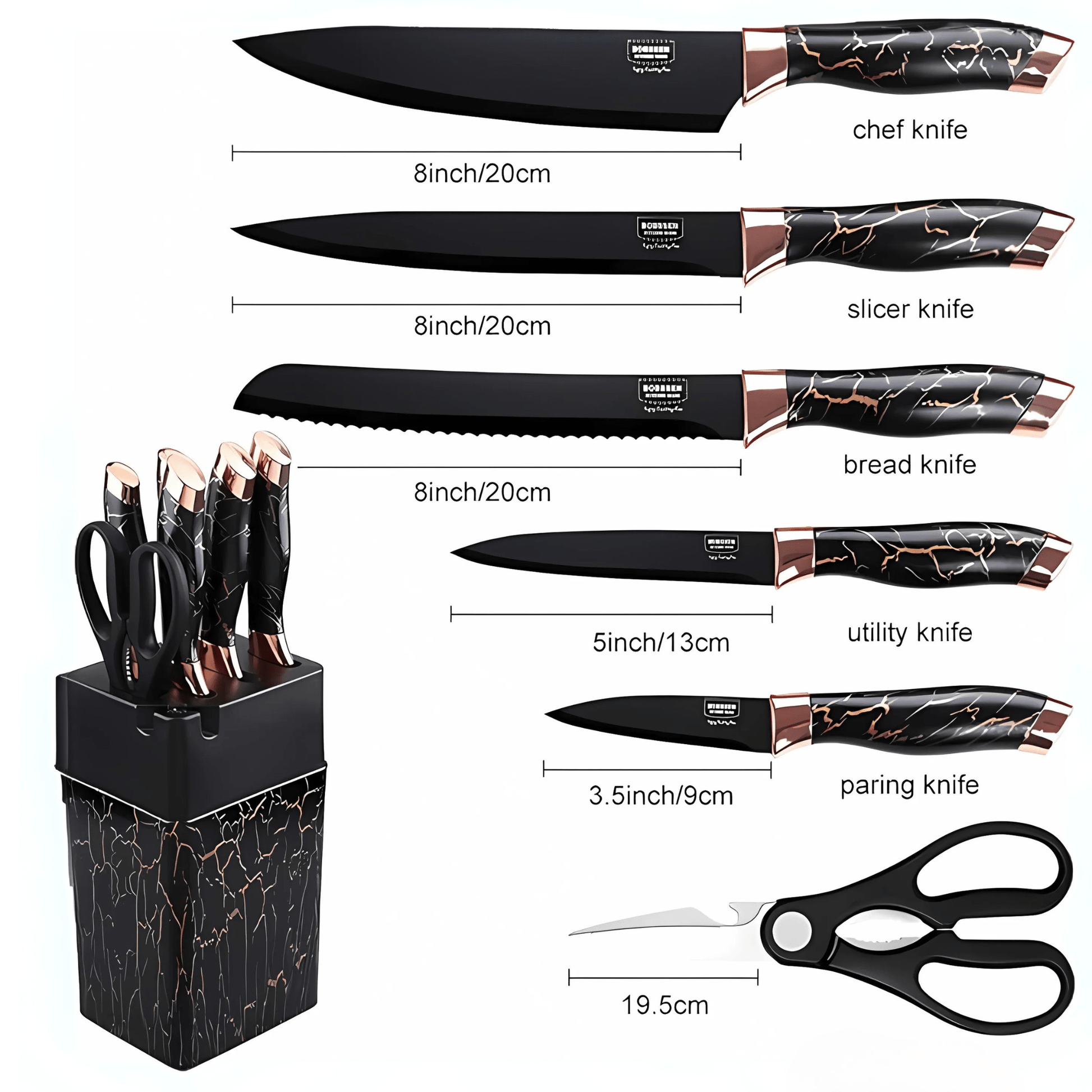 LuxeEdge 7 - Piece Knife Set with Black Marble Handles & Block – Knife Set in South Africa from Aegis Homewares