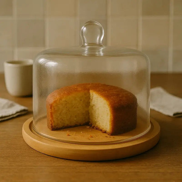 Natural Bamboo Cake Dome – 28cm Glass Cover and Base – Cake Dome in South Africa from Aegis Homewares