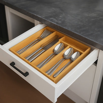Adjustable Bamboo Cutlery & Organiser Tray – Eco-Friendly Bamboo