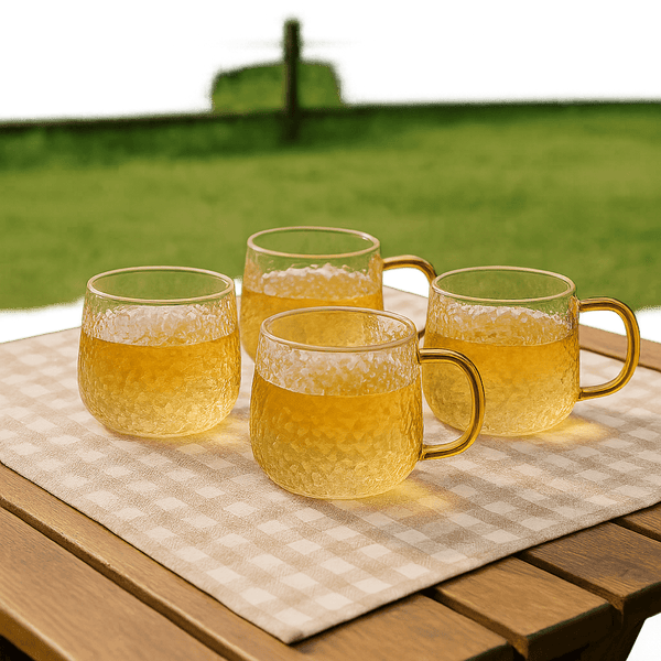 Radiant Stria Glass Mug – 400ml with Golden Yellow Handle – Drinking Glass Set in South Africa from Aegis Homewares