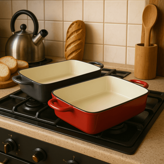 Red or Grey 42cm Cast Iron Baking Tray with Open Handle – Grill Pans in South Africa from Aegis Homewares