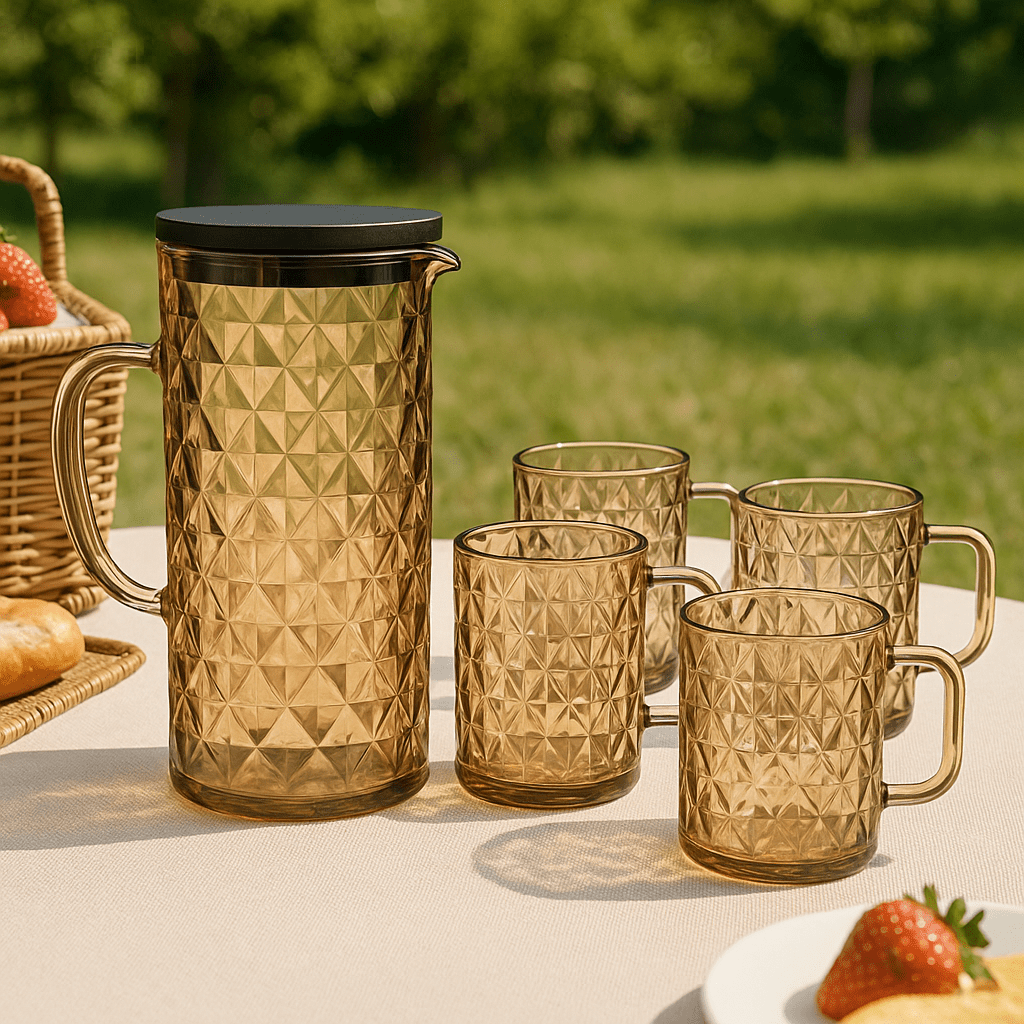 Serve in Style – Amber Mosaic Glass Pitcher Set with 4 Diamond - Cut Mugs – 5 - Piece – Drinking Glass Set in South Africa from Aegis Homewares