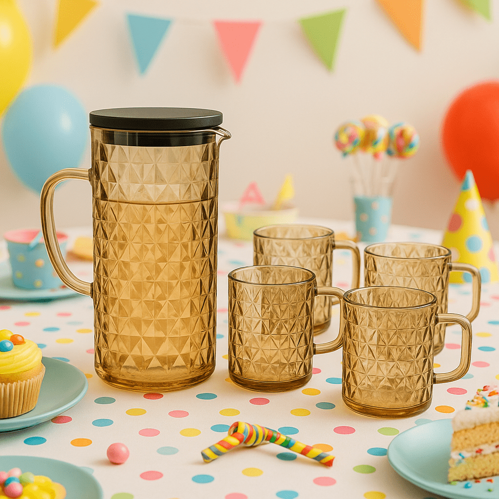 Serve in Style – Amber Mosaic Glass Pitcher Set with 4 Diamond - Cut Mugs – 5 - Piece – Drinking Glass Set in South Africa from Aegis Homewares