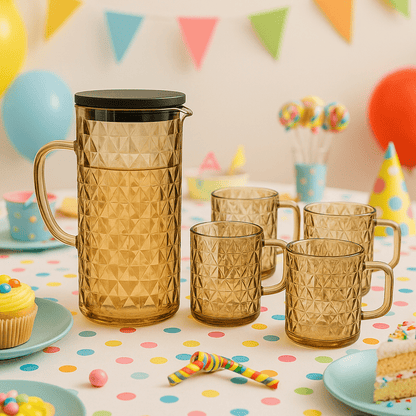 Serve in Style – Amber Mosaic Glass Pitcher Set with 4 Diamond - Cut Mugs – 5 - Piece – Drinking Glass Set in South Africa from Aegis Homewares