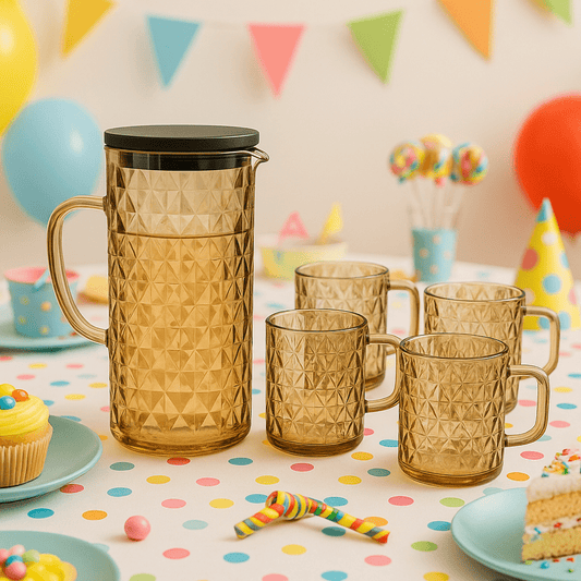 Serve in Style – Amber Mosaic Glass Pitcher Set with 4 Diamond - Cut Mugs – 5 - Piece – Drinking Glass Set in South Africa from Aegis Homewares