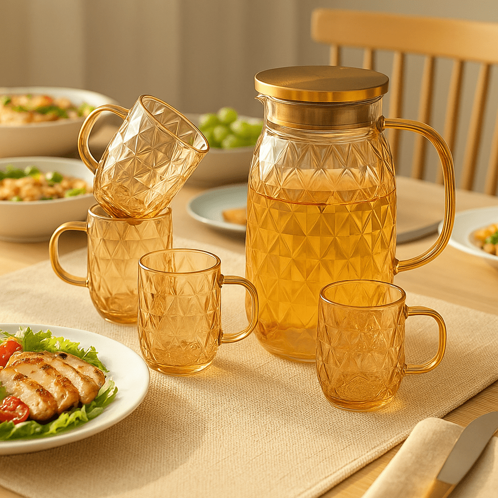 Tired of Fragile Tea Sets? Try the Amber Radiance Heat - Resistant Diamond Glass Set – 5 - Piece – Drinking Glass Set in South Africa from Aegis Homewares
