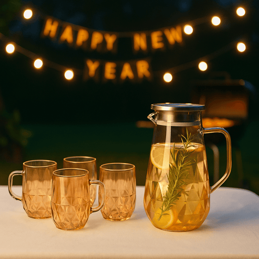 Upgrade Your Table – Amber Glimmer Diamond - Cut Pitcher Set with 4 Glasses – 5 - Piece – Drinking Glass Set in South Africa from Aegis Homewares